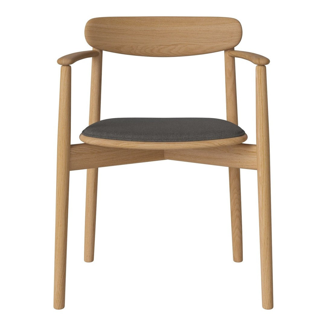Wooden chair with a natural oak finish and a dark gray upholstered seat, featuring simple, modern design elements.