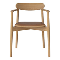 Natural wood finish with brown leather seat, showcasing a minimalist design and smooth curves. Perfect for modern decor.