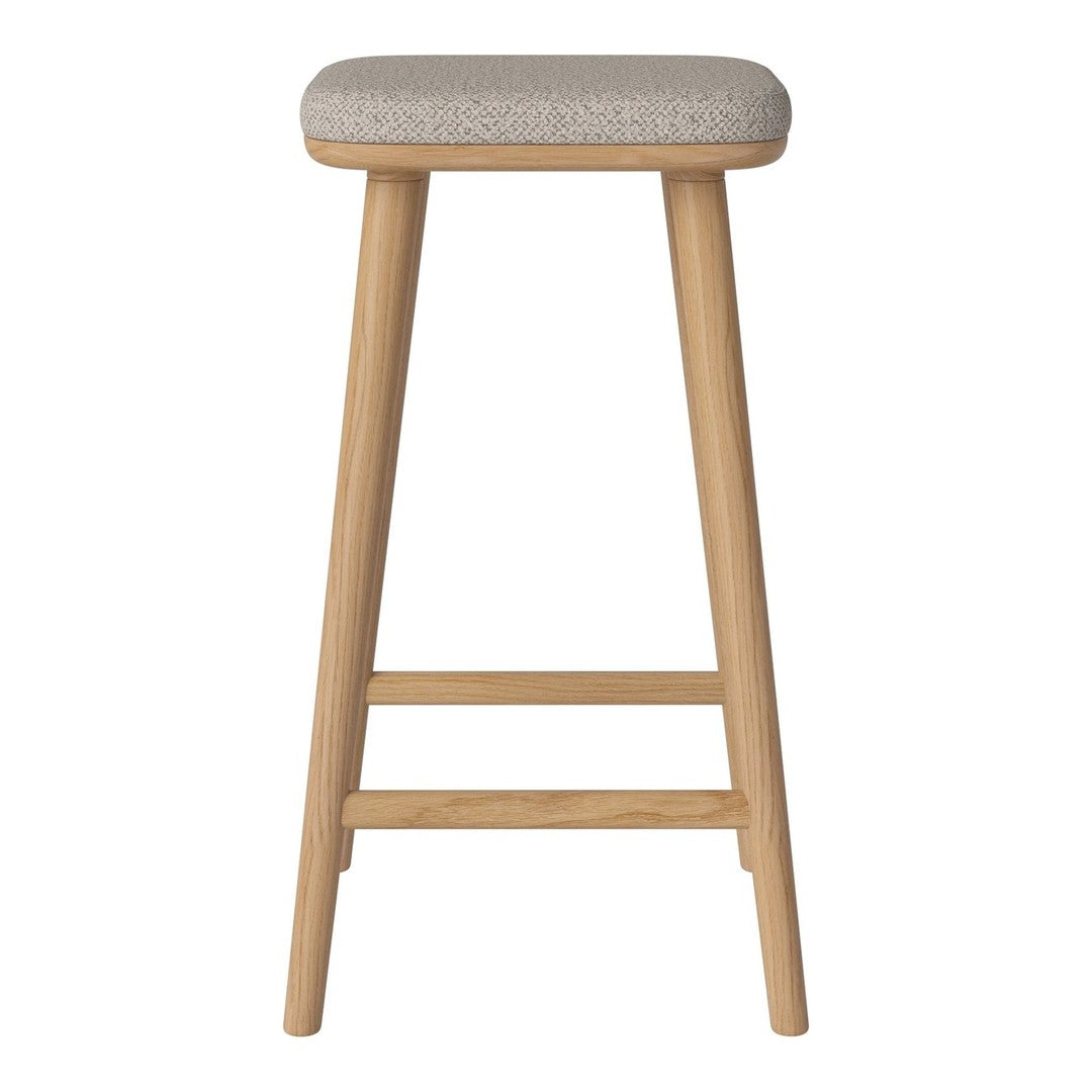 Natural wood bar stool with a light gray textured fabric seat, blending modern simplicity and warmth.