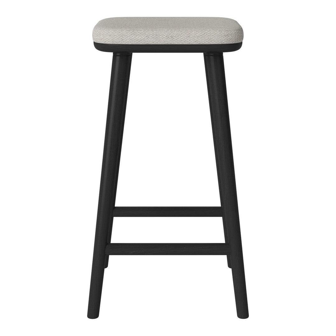Black wooden stool with a light grey upholstered seat, featuring a sleek, modern design.