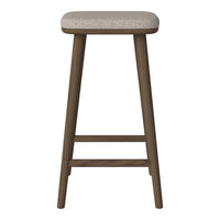 Neutral beige cushioned seat with a textured pattern, paired with a dark wood frame in a minimalist design.