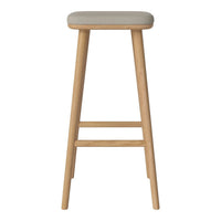 Natural wood bar stool with a beige upholstered seat, featuring a minimalist design. Perfect for modern kitchens.