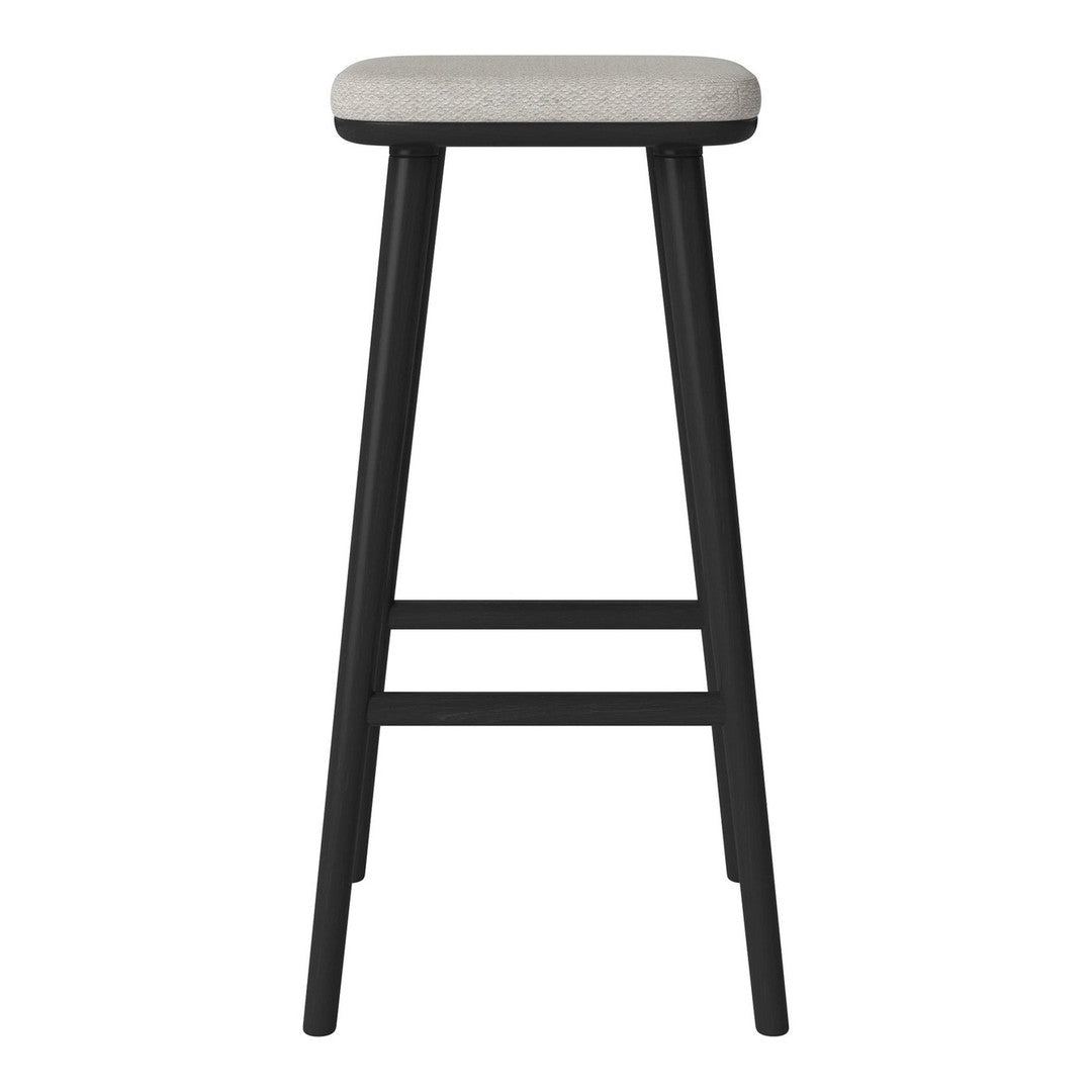 Modern bar stool featuring a sleek black frame and a light gray upholstered seat. Minimalist design with clean lines.