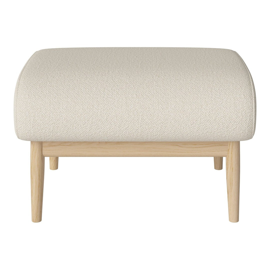 Beige upholstered ottoman with a textured pattern and natural wood legs. Perfect for modern decor.