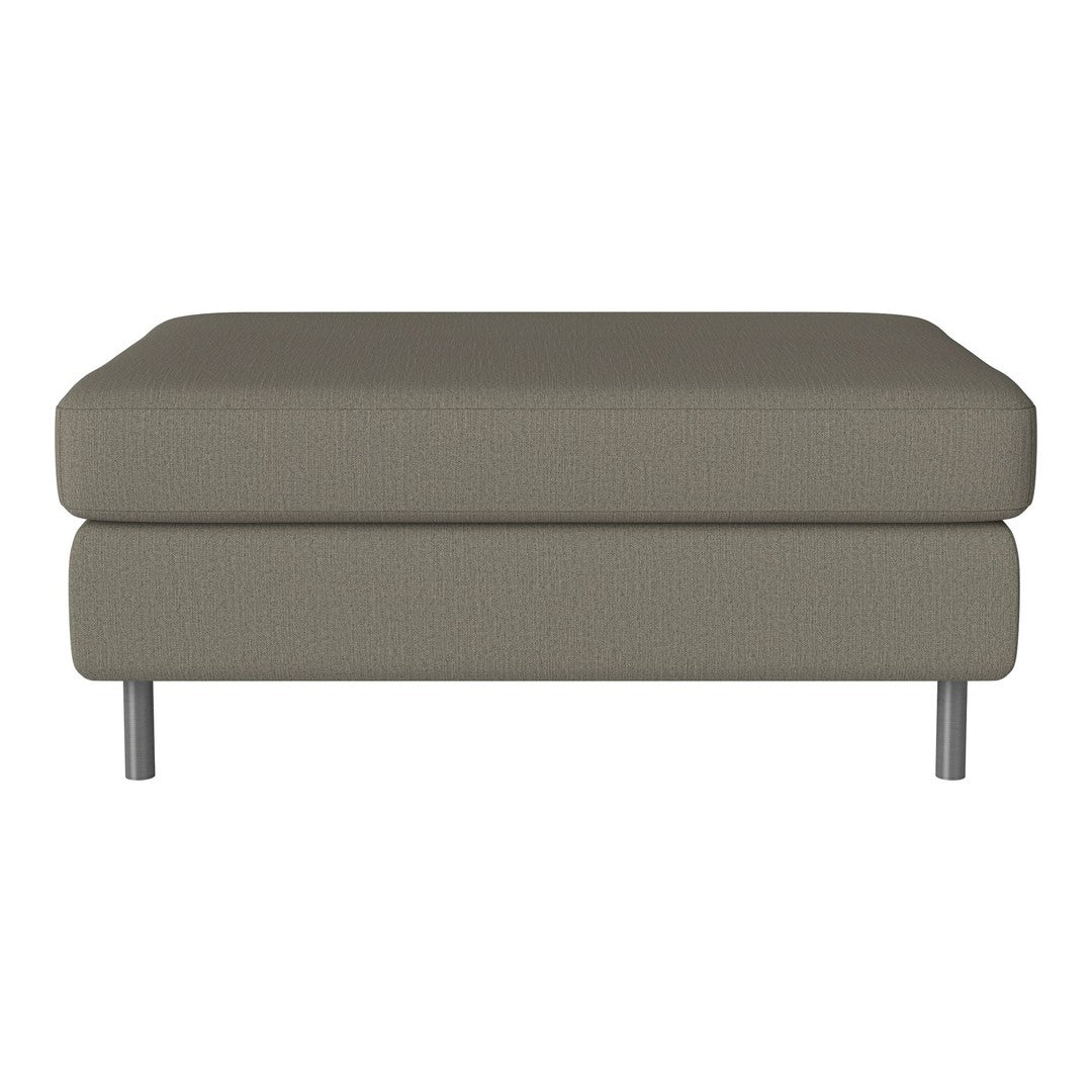 Stylish taupe ottoman with a smooth fabric finish and modern silver legs. Perfect for any contemporary space.