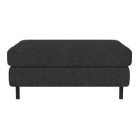 Black upholstered ottoman with a textured pattern and sleek black legs. Modern design for any room decor.