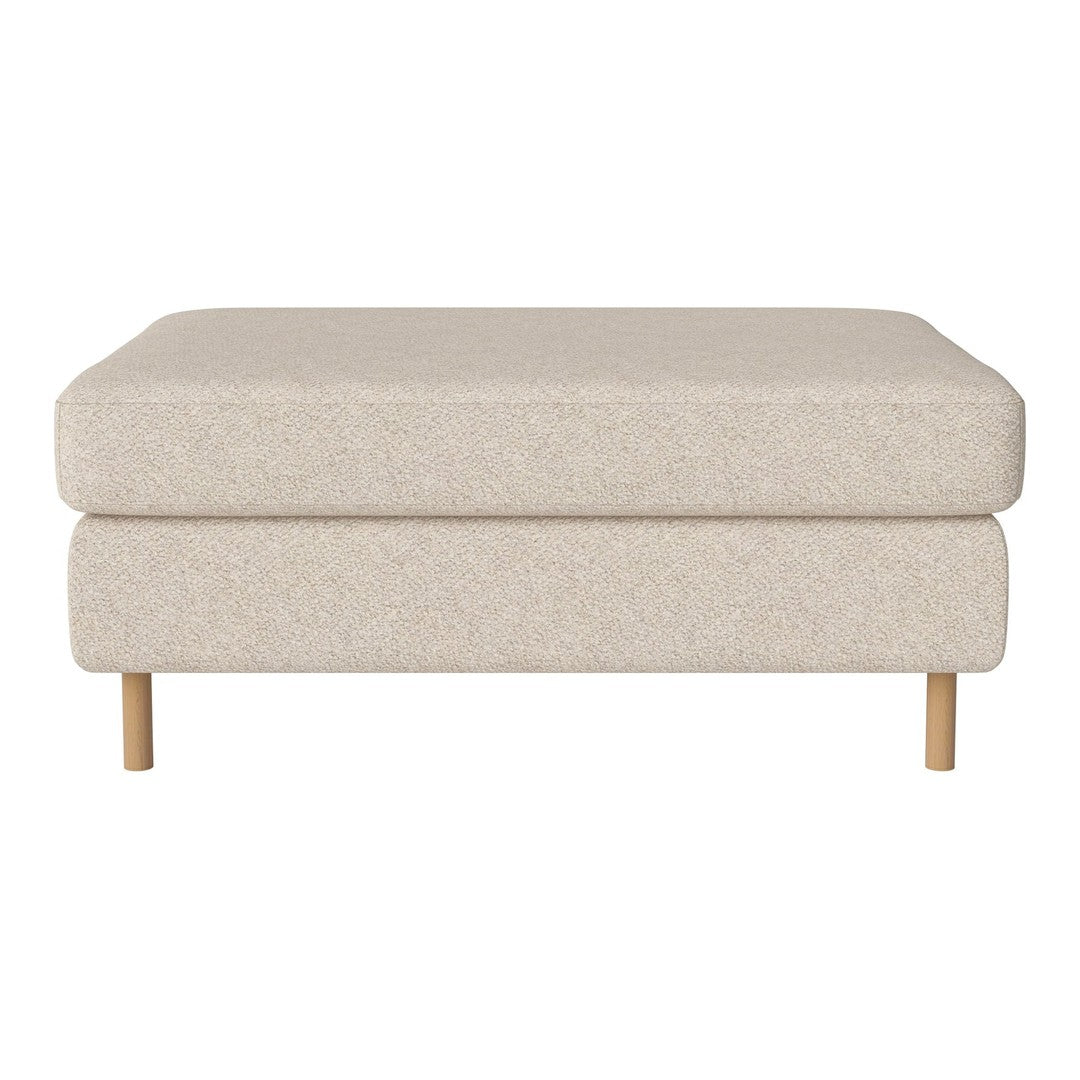 Beige upholstered ottoman with a textured pattern, featuring natural wood legs for a modern look.