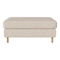 Beige upholstered ottoman with a textured fabric and natural wood legs, featuring a minimalist design.