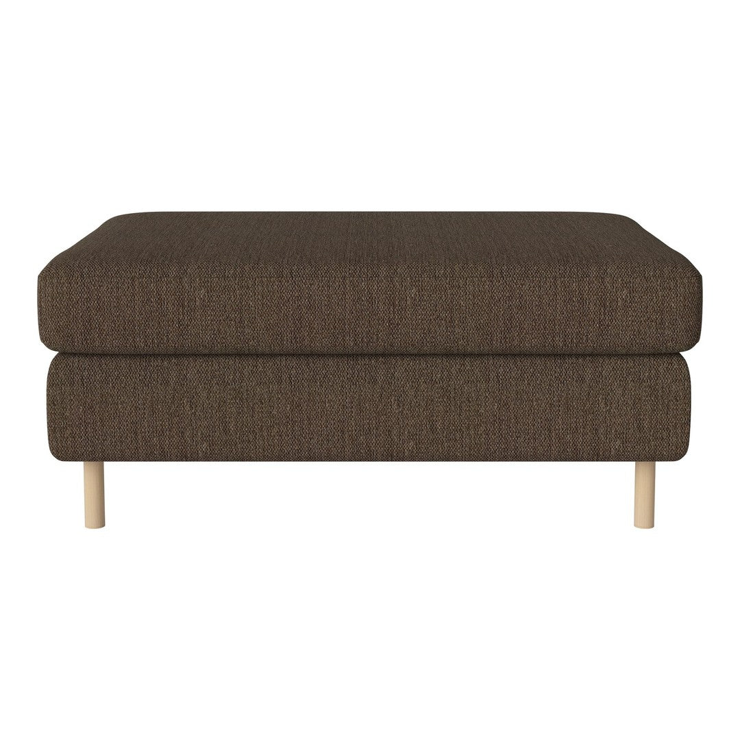 Brown upholstered ottoman with a textured fabric and light wooden legs, perfect for modern living spaces.