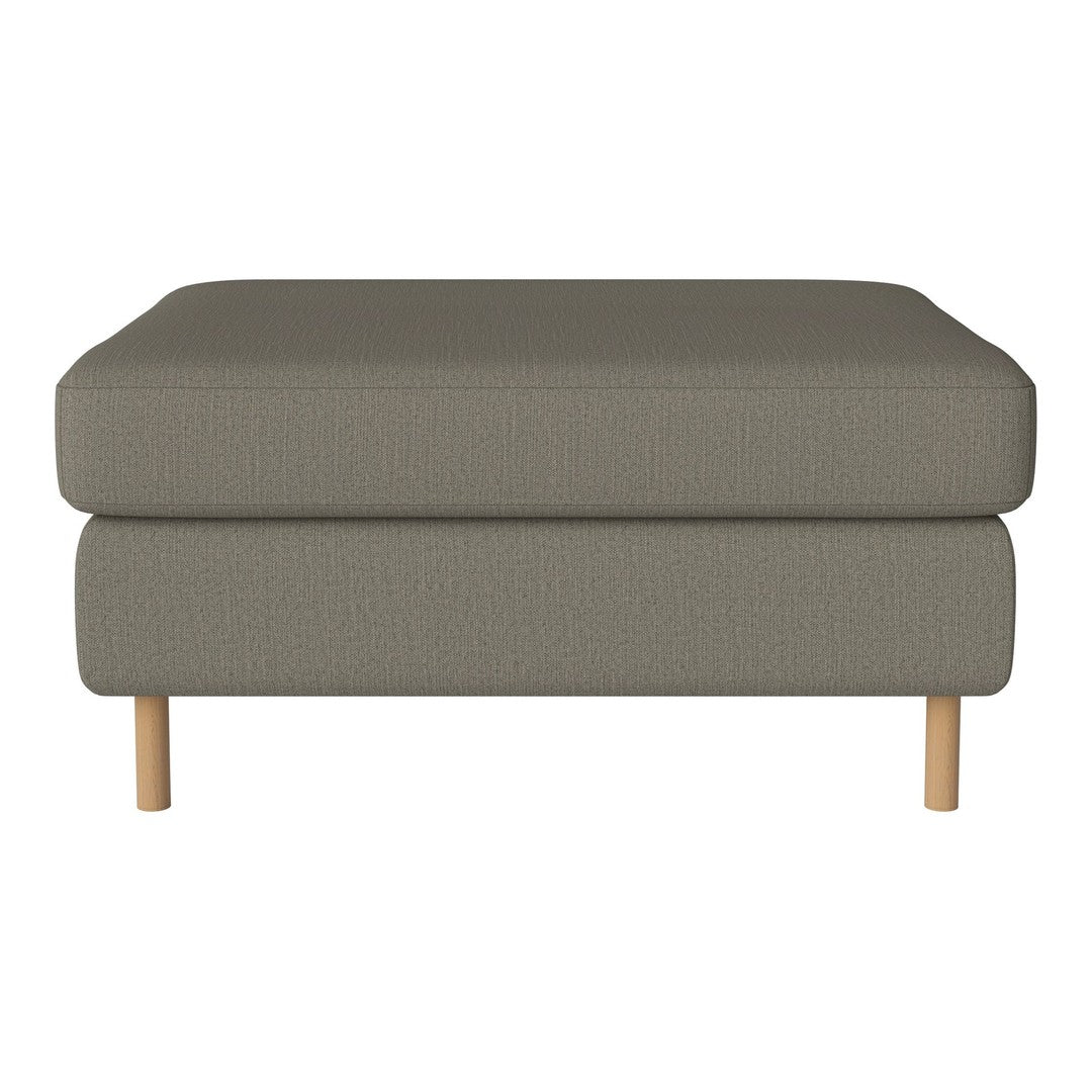 Gray upholstered ottoman with a textured pattern and natural wooden legs, perfect for modern living spaces.