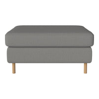 Gray upholstered ottoman with textured pattern and natural wood legs. Ideal for modern living spaces.