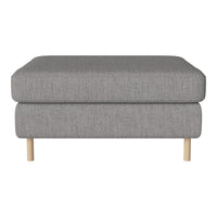 Gray upholstered ottoman with a textured finish and light wood legs, perfect for modern living spaces.