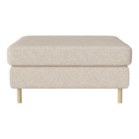 Light beige ottoman with a subtle texture, featuring wooden legs for a modern touch. Perfect for any decor.