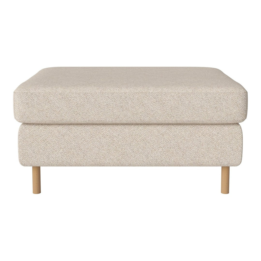 Beige upholstered ottoman with a textured pattern and natural wood legs. Ideal for modern living spaces.