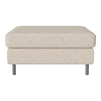 Light beige ottoman with a textured fabric, featuring a minimalist design and silver metal legs.