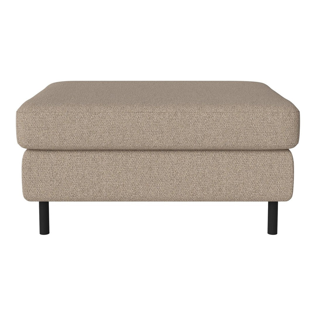 Beige upholstered ottoman with a smooth texture and simple design, resting on sleek black legs. Ideal for versatile decor.
