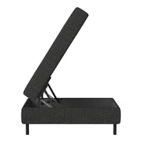 Black upholstered lift-top storage ottoman with a textured fabric finish. Modern design and versatile style.