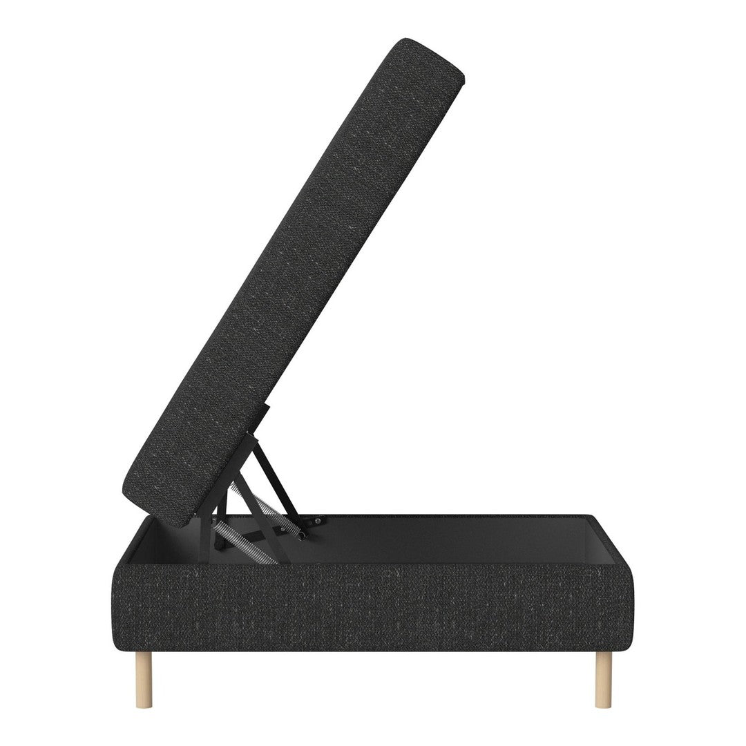 Gray upholstered lift-top storage bench with a textured pattern and light wood legs. Perfect for modern decor.