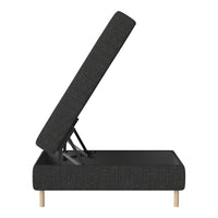 Gray upholstered lift-top storage bench with a textured pattern and light wood legs. Perfect for modern decor.