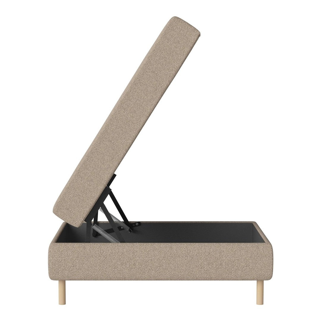 Beige upholstered storage bed with clean lines and natural wooden legs, highlighting a contemporary and minimalist design.
