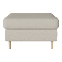 Light beige upholstered ottoman with a textured pattern and wooden legs, ideal for modern decor.