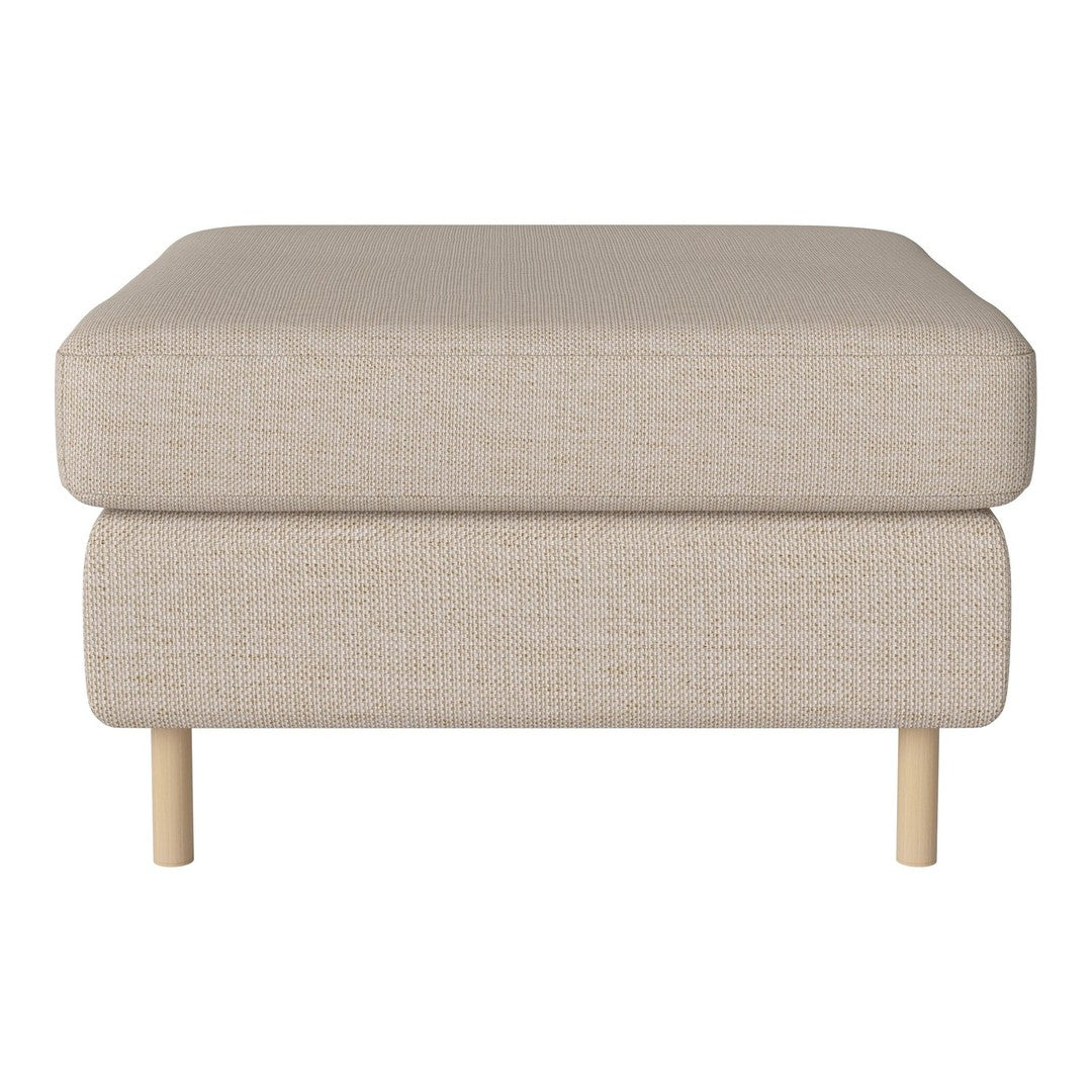 Beige upholstered ottoman with textured fabric and light wood legs, perfect for modern interiors.