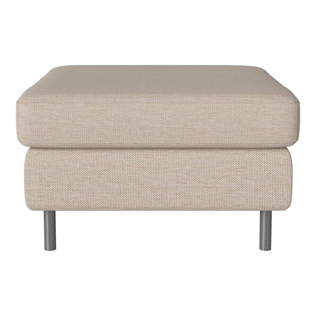 Beige fabric ottoman with a textured pattern and sleek metal legs, perfect for modern living spaces.