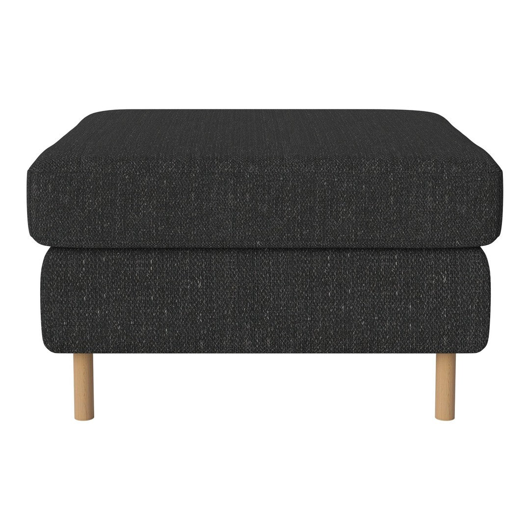 Black textured ottoman with wooden legs, featuring a modern minimalist design. Ideal for stylish home decor.