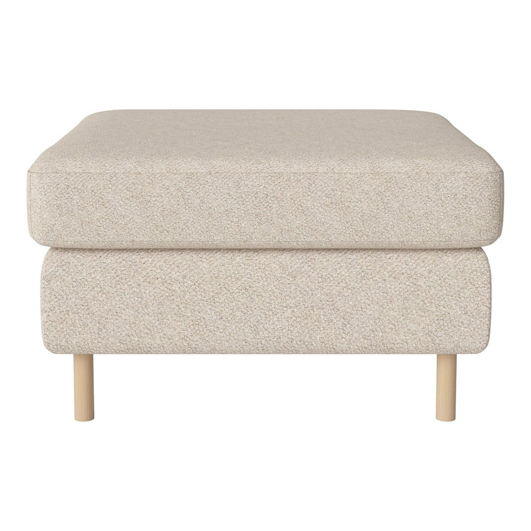 Beige textured ottoman with a soft surface and light wooden legs. Simple, modern design ideal for any decor.
