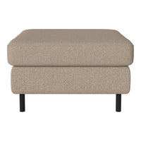 Beige fabric ottoman with a textured pattern and black metal legs for a modern look.