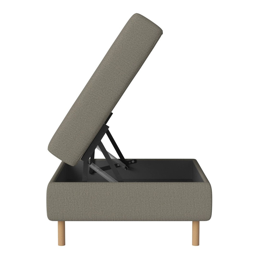 Gray upholstered storage ottoman with a lift-top and natural wood legs. Textured fabric adds subtle elegance.