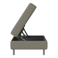 Gray upholstered storage ottoman with a textured pattern and sleek metal legs.