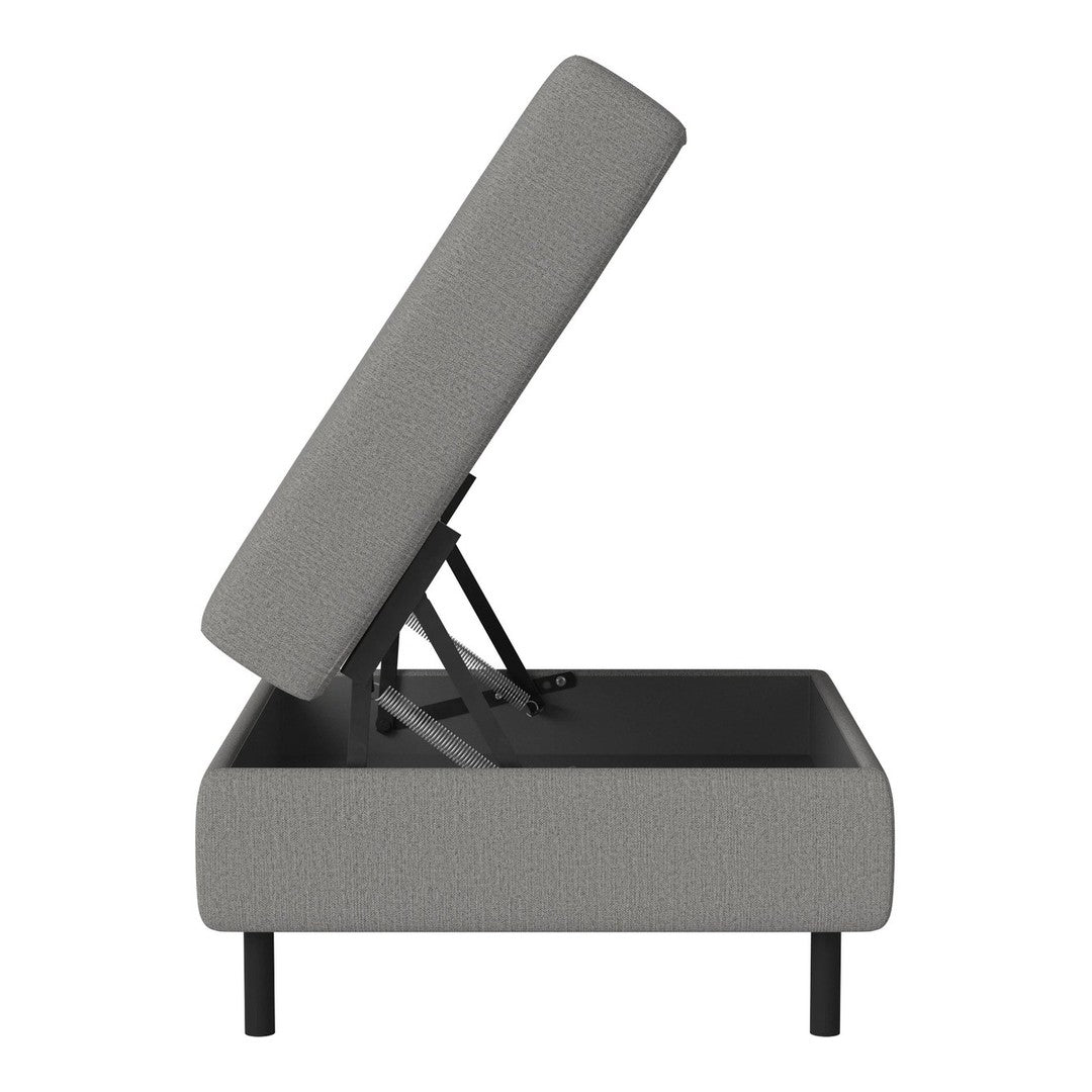 Gray upholstered storage bed with a clean, minimalist design and subtle textured pattern.