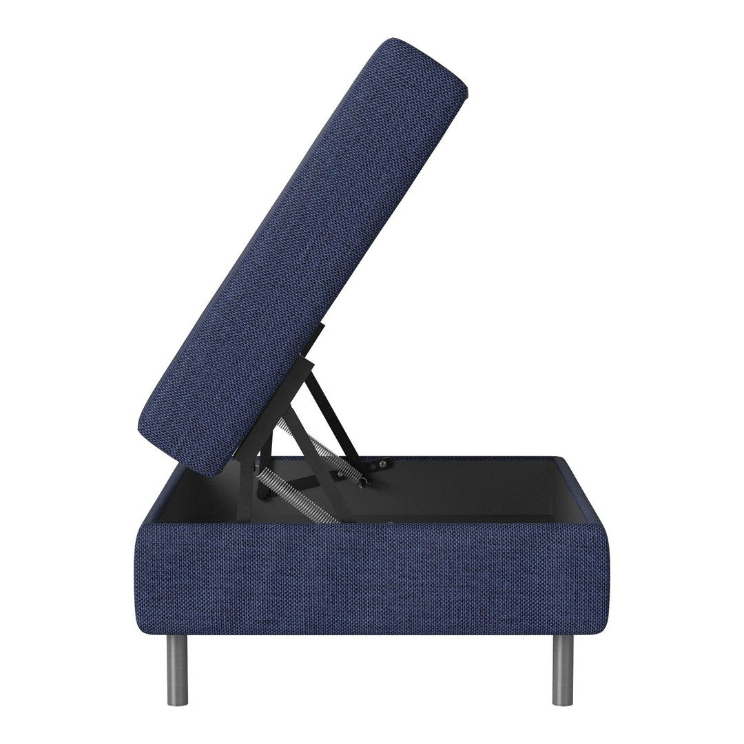 Navy blue upholstered storage ottoman with a textured fabric and a modern, minimalist design.
