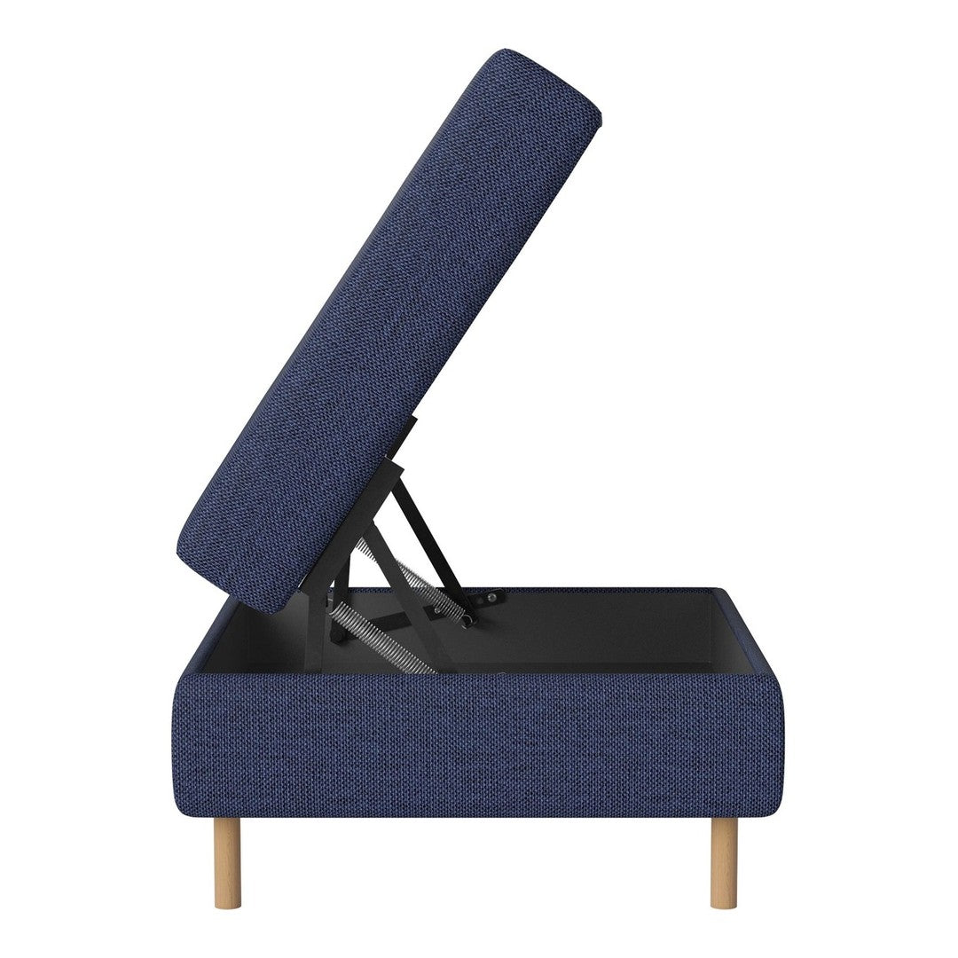 Navy blue upholstered storage ottoman with a textured fabric and light wooden legs, featuring a lift-top design.