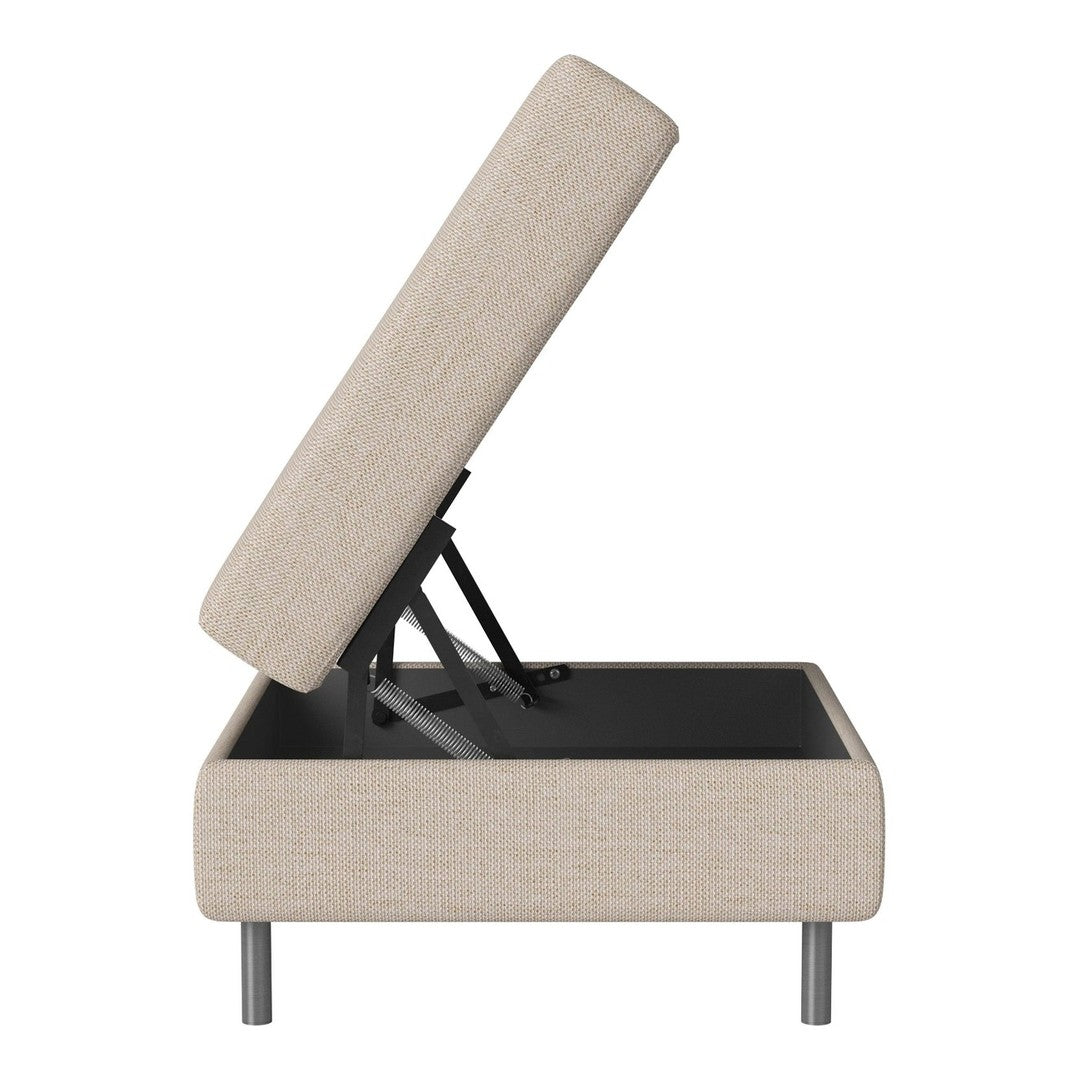 Beige upholstered storage ottoman with a minimalist design and sleek black interior, showcasing a clean, modern aesthetic.