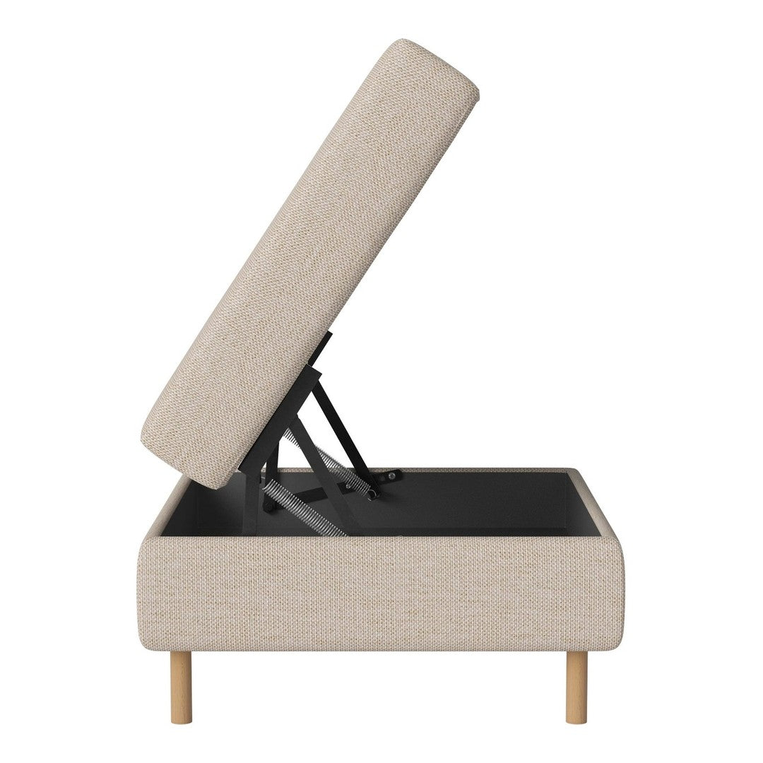 Beige upholstered storage ottoman with a minimalist design and natural wood legs. Modern and versatile for any decor.