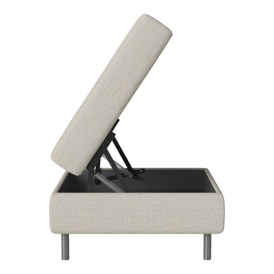 Light beige upholstered storage bed with a modern minimalistic design and a sturdy metal base, featuring a lift-top lid.