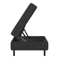 Dark gray upholstered storage bed with a textured fabric and modern minimalist design, featuring a sturdy black frame.