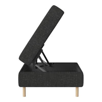 Stylish black ottoman with a textured fabric and wooden legs, featuring a lift-top design for hidden storage.