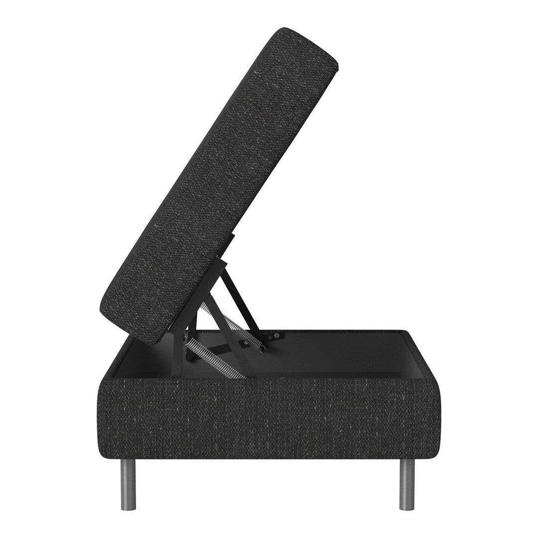 Stylish gray upholstered storage bed with a sleek, modern design and minimalist pattern, featuring a lift-top lid.