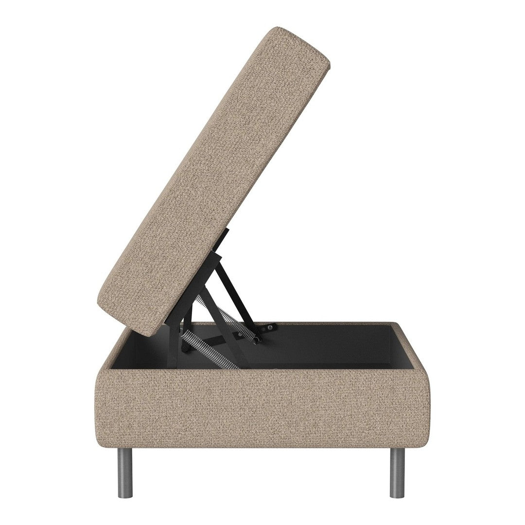 Beige upholstered ottoman bed with a minimalist design and sleek metal legs, featuring texture and subtle patterns.