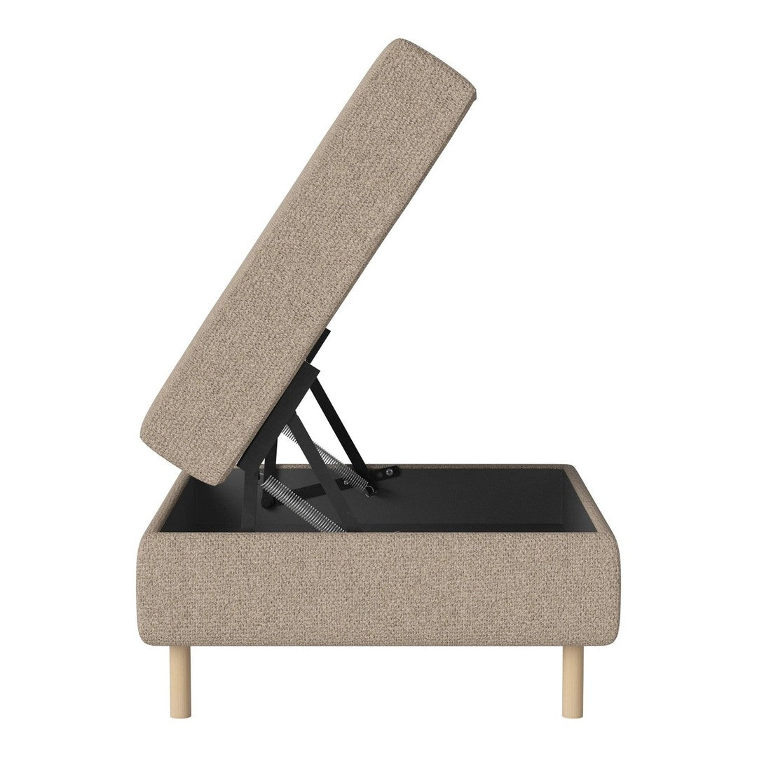 Beige upholstered bed frame with a textured fabric and natural wood legs, featuring a lift-up storage design.