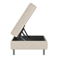 Beige fabric storage ottoman with a textured finish, featuring a sleek design and minimalist black legs.