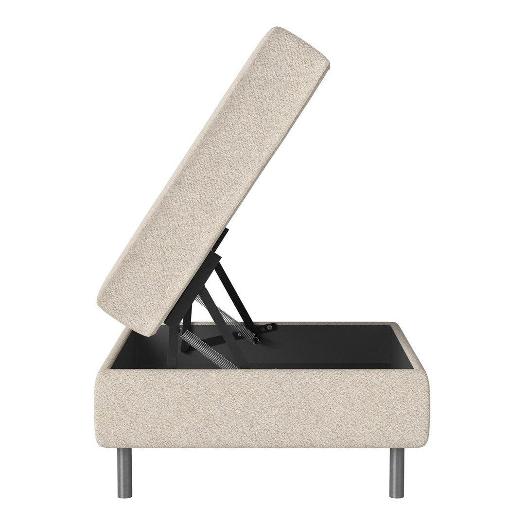 Beige upholstered storage ottoman with a textured pattern and sleek black interior, featuring a hinged top.