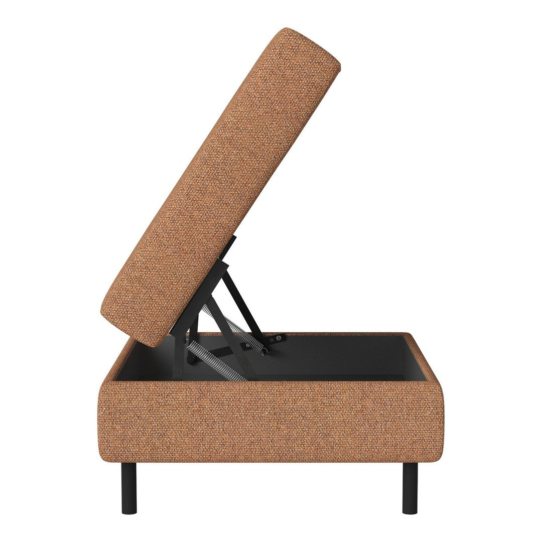 Brown textured upholstered ottoman with a lift-top design and sleek black legs.