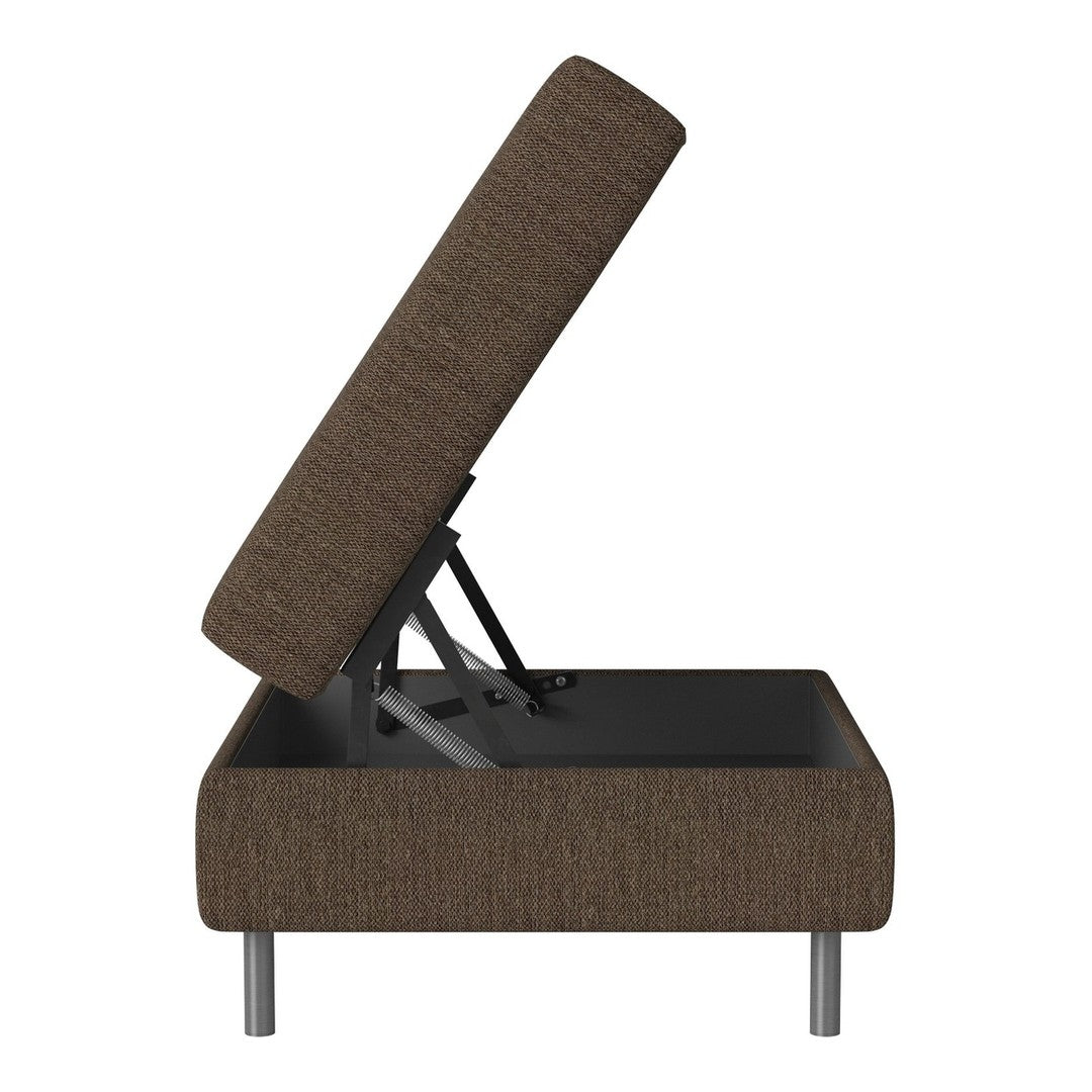 Brown upholstered storage ottoman with a lift-top design and sleek metal legs. Modern, textured fabric pattern.