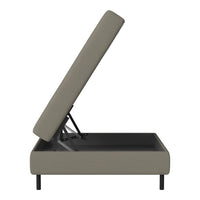 Gray upholstered storage bed frame with minimalistic design and clean lines, featuring a contemporary look.