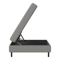 Gray upholstered lift-top storage bed with minimalistic design, showcasing sleek lines and smooth, solid color.