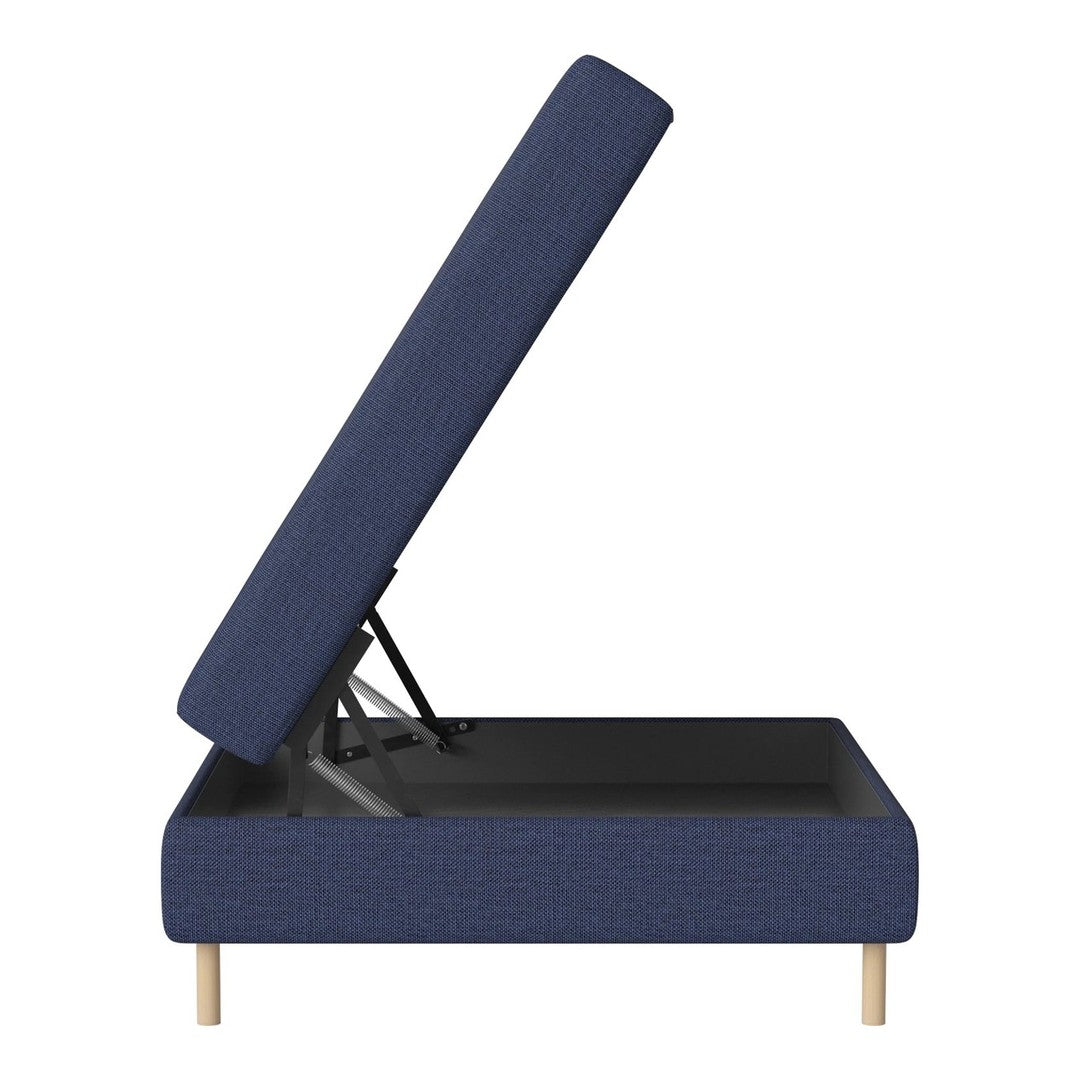 Navy blue upholstery with a textured pattern and natural wood legs in a modern storage bed frame design.
